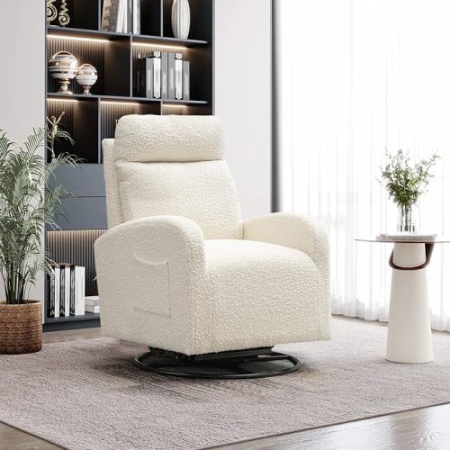 Modern Swivel Glider Chair, Upholstered Accent Glider Rocker for Baby Nursery, Comfy Tall Back Rocking Armchair with Side Pocket and Headrest for Living Room, Bedroom, White Teddy Fabric