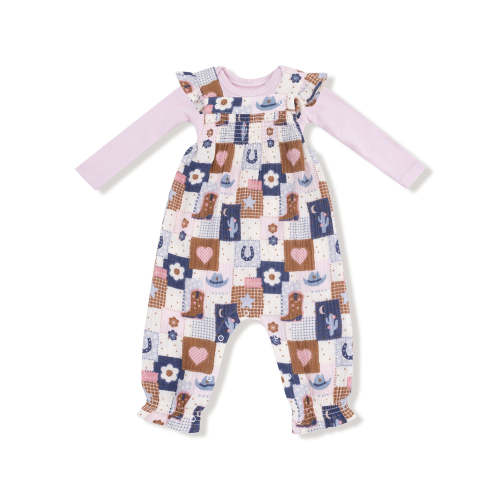 Smocked Overall & Rib Bodysuit Set, Patchwork Cowgirl