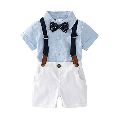Baby Boys Gentleman Outfits Suits, Infant Shirt+Shorts+Bow Tie+Suspenders Clothes Set