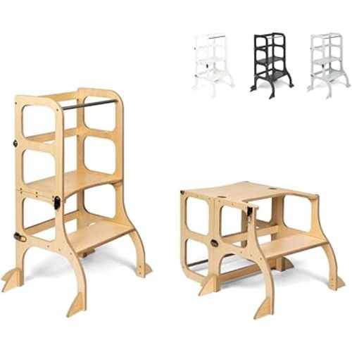 STEP'n'SIT® • Montessori Helper Tower - Table • Convertible 2-in-1 with Support Legs (with Brass Clasps, Wooden)