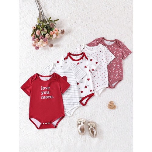 SHEIN Playful Pals Baby Girls' 5pcs Short Sleeve Fun Printed Romper Set For Daily Casual Wear, Spring/Summer | SHEIN USA