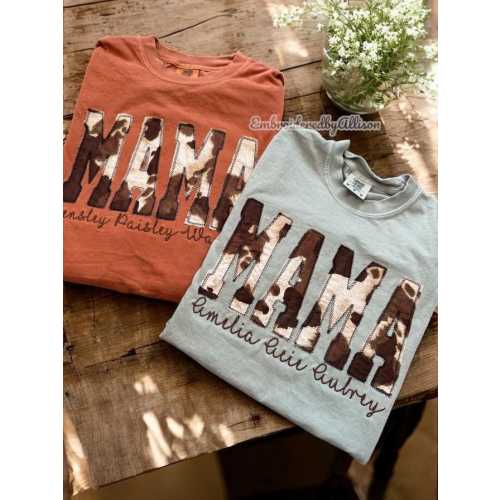 Embroidered Cow Print Mama Shirt, Personalized Mama Shirt