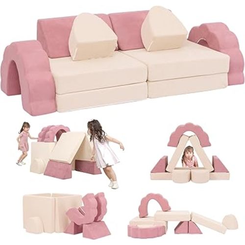 Flower Kids Play Couch 10PCS Toddler Couch High Density Foam Sectional Sofa Playroom Kids Furniture for Girls and Boys Bedroom (Pink)