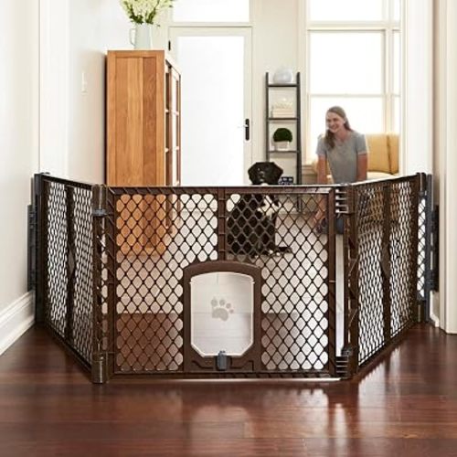 MyPet Extra Wide Dog Gate with Small Pet Door. 38.5” to 103.5" Wide. Cat Gate for Doorway. Made in USA. 26" Tall, Brown