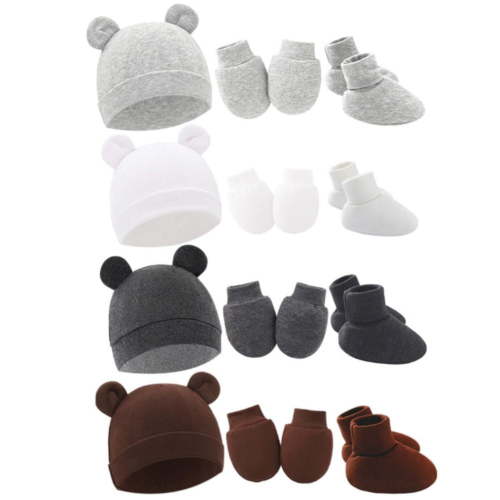 4Pack Newborn Baby Boy Girl Bear Ear Hat and Mitten Footcuff Sets Infant Cotton Beanie Gloves Newborn Hospital Hat 0-6M