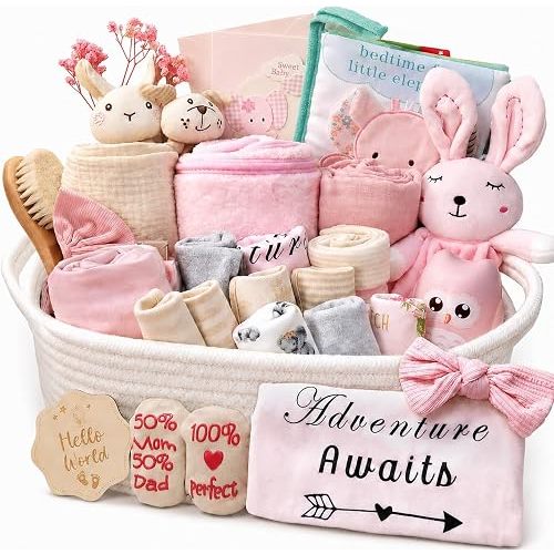 Ultimate Baby Girl Shower Gift Basket Set - Newborn Essentials, Large Pink Gift Basket With Rattle, Swaddle, Diaper Caddy Organizer