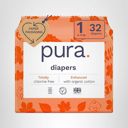 Pura Hypoallergenic Diapers, Size 1 (4-11 lbs), Newborn, Totally Chlorine Free, Wetness Indicator, Suitable for Sensitive Skin, Soft Organic Cotton Comfort, Overnight, 1 Pack of 32 Baby Diapers