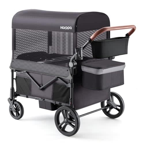 Harppa Remy Wagon Stroller for 4 Kids — 26-Inch Wide Seat Row, One-Hand Fold, 6 Cup Holders, Full Mosquito Mesh Canopy, UPF50+, ASTM F833 Tested by SGS, Dark Gray