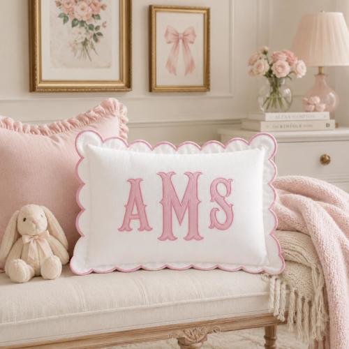 Personalized Monogram Pillow Cover, Scalloped Embroidered Cushion, Custom Initial Nursery Name Pillow, Grandmillennial Home Decor Gift