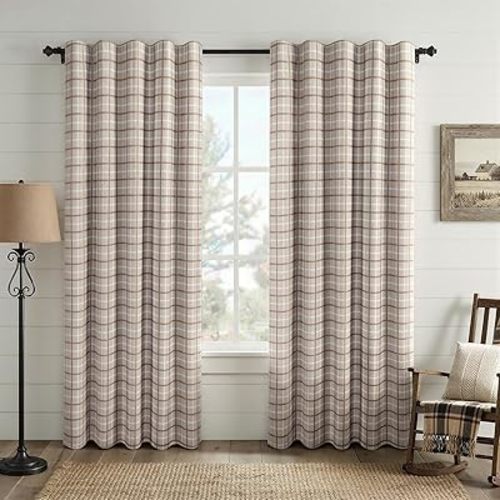Plaid Curtains 2 Panels Blackout 84 Inches Long, Gingham Curtains Thermal Insulated for Bedroom and Living Room Brown Patterned Vintage Rustic Checkered