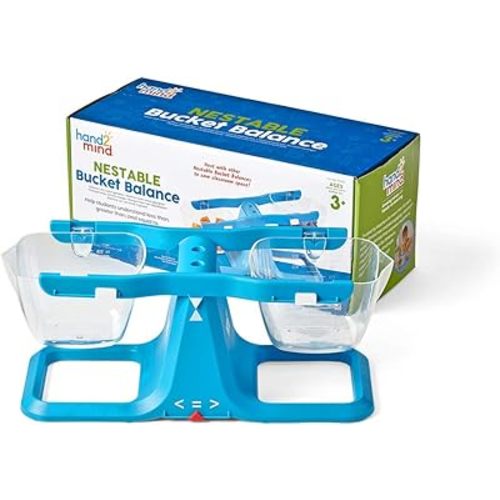 hand2mind Blue Nestable Bucket Balance, Clear Double Bucket Balance Scale for Liquids and Solids, Easy to Assemble Kids Scale, Space Saving Storage Base, Balance Scale for Classroom (Set of 1)