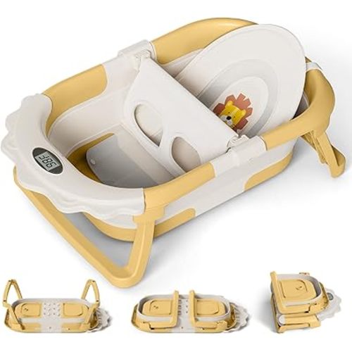 MoreFeel Foldable Baby Bathtub with Thermometer - 4-in-1 Grow-with-Me Collapsible Infant Tub (Newborn to Toddler) with Adjustable Mesh Sling - Space Saving Design