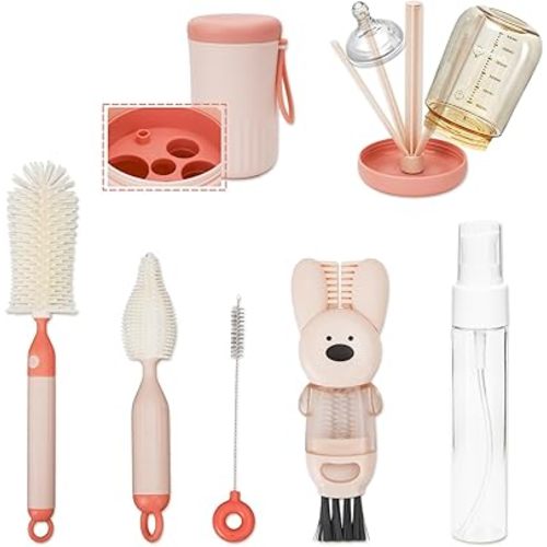 Travel Bottle Cleaner kit, 7 in1 Electric Baby Bottle Brush Cleaner Set with Silicone Brushes, Soap Dispenser, Drying Rack, Storage Box and Gap Cleaning Brush for Home Picnic Travel Outdoo
