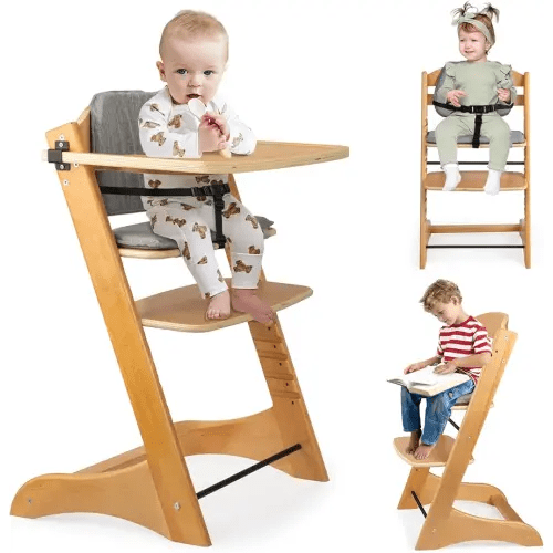 High Chair, Solid Wood Infant High Chair, Suitable for Infants 6 Months and Up, Maximum Weight Capacity 220 lbs - Anti-Tip - Adjustable Ergonomic Design/Natural Wood