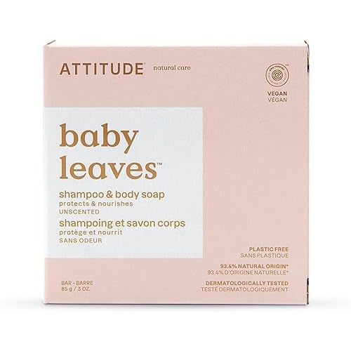 ATTITUDE Plastic-Free Baby Shampoo and Body Soap Bar, EWG Verified, Dermatologically Tested, Vegan, Unscented, 3 Ounces