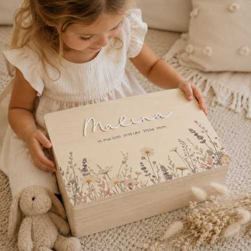 Personalized memory box "Wildflower Meadow" with beautiful colorful pastel flowers, birth details, birth gift, christening gift