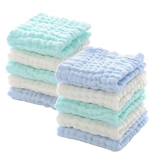 MUKIN Muslin Washcloths - Soft Face Cloths for Newborn, Absorbent Bath Face Towels, Wipes, Burp Cloths, Baby Registry as Shower. Pack of 10 (Green,Blue,White)