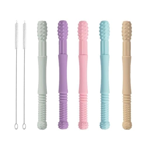Hollow Teether Tubes, Honboom 5 Packs Soft Silicone Teething Tubes, Baby Soothing Teether Toy, Chew Straw Toy for Babies 3-12 Months with a Cleaning Brush, Dishwasher Safe (6.6in)