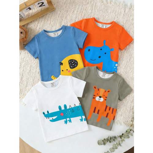 SHEIN 4pcs Baby Boy Casual Cute Vacation Cartoon Animal Print Round Neck Short Sleeve Tops, Multi-Piece Top Set, Suitable For Spring/Summer Orange
