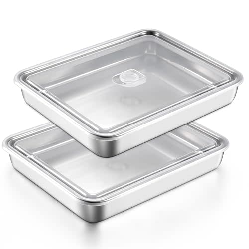 E-far Lasagna Pans w/Lids, Stainless Steel Cake Baking Sheet Pan, 12⅓x9¾x2 | Rectangle Oven Tray Sheet w/Airtight Cover, Heavy Duty Metal Brownie Bakeware, Anti-Rust & Dishwasher Safe, No-Toxic Set of 2