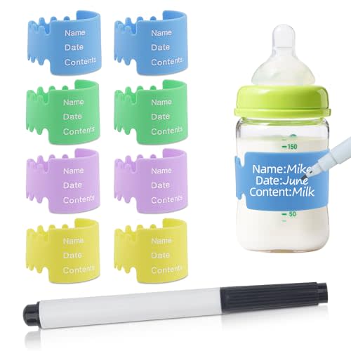 8PCS Silicone Baby Bottle Labels for Daycare Writable Bottles Label Reusable Bottle Bands for Daycares for Write Name/Date Labels for Baby Bottles Name Bands Anti-Slip 4 Colors