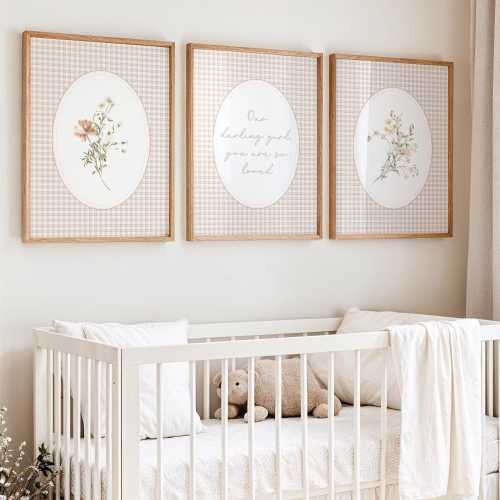 Our Darling Girl Prints, Girl Nursery Wall Art Set of 3, Pink Flower Decor, Gingham Baby Room Pastel Wall Decor Above Crib, Baby Shower Gift