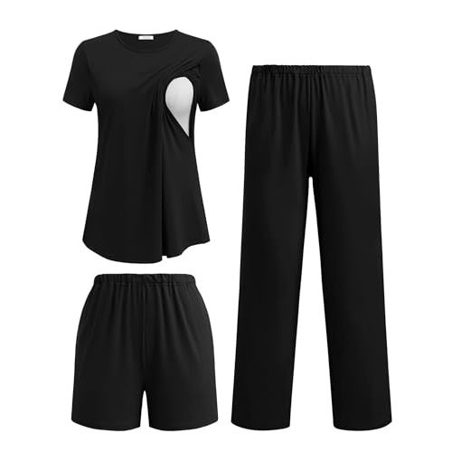 Ekouaer 3 Piece Maternity Pajamas Set Postpartum Nursing Short Sleeve Breastfeeding Sleepwear Pregnancy Shorts & Pants Pjs
