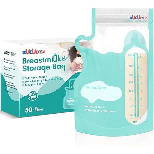 Breastmilk Storage Bags(50 Count)，8oz Milk Storage Bags for Breastfeeding，BPA Free with Easy Pour Spout, Self Standing, for Refrigeration and Freezing Blue