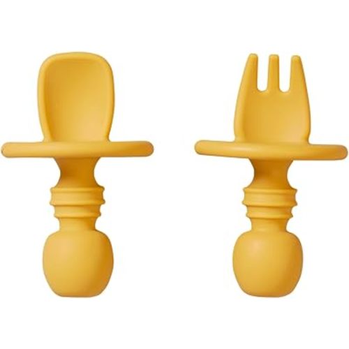 SARO “Nordic” Training Utensil Set: Silicone Ergonomic Spoon & Fork for Baby-Led Weaning & Self-Feeding (Mustard)