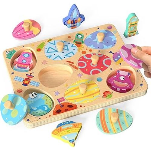 Wooden Puzzles for Toddlers, 8 Pcs Space Matching Egg Puzzle, Solar System for Kids, Montessori Toys for Boy Girl Easter Birthday Gifts, Educational Toys for Boys, Girls