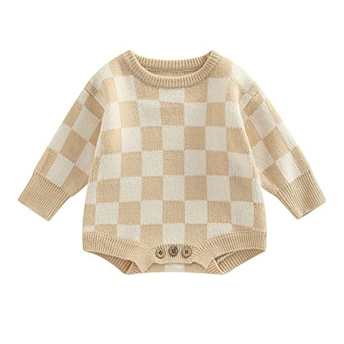 Unisex Baby Girl Boy Checkerboard Clothes Plaid Knitted Bubble Romper One Piece Sweater Bodysuit Jumpsuit Clothes