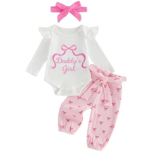 Newborn Baby Girl Fall Winter Outfits Cute Ruffle Long Sleeve Ribbed Romper Top Bow Pants with Headband