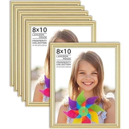 Langdon House 8x10 Picture Frames (Gold, 6 Pack), Contemporary Frame Set, Wall Mount or Table Top, Prosperity Collection