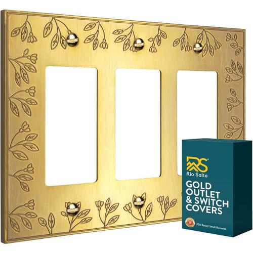 Rio Salto Decorative 3 Light Switch Cover Triple Rocker Switch Plate Outlet Covers Brushed Gold Premium Metal Wall Plate Covers — Floral Collection, Midsize 6.94" x 5.00"