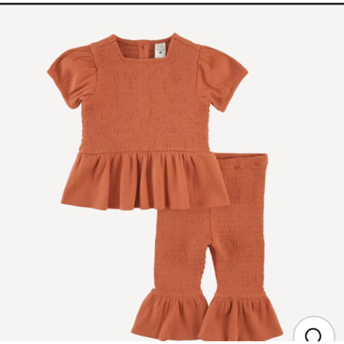 short puff sleeve smocked ruffle top + pant set | rust | organic cotton single rib