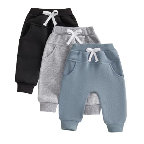 Sejardin Toddler Baby Boys Fleece Sweatpants 3 Pack Solid Color Elastic Waist Jogger Pants Infant Winter Warm Bottoms