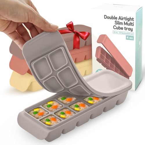 Silicone Ice Cube Freezer Tray with Lid, 100% Food-Grade Platinum Silicone,Leak Resistance & Dishwasher Safe for Baby Food Prep,Breast Milk,Purees - Korean Made (4 Sets 0.7 oz/12 Sections)