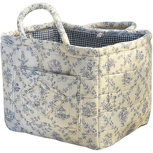 Quilted Fabric Storage Basket Collapsible Boho Floral Laundry Hamper Storage for Nursery Bedroom & Living Room | Organize Clothes Toys (Blue-Toned Pastoral)