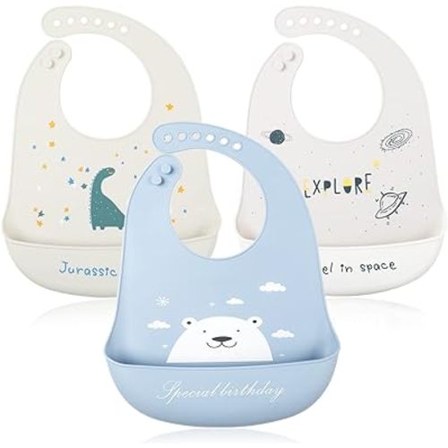 Baby Silicone Feeding Bibs, 3pcs Adjustable Waterproof Bibs for Feeding