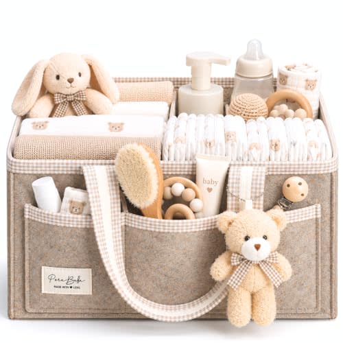 PeraBella Baby Diaper Caddy Organizer, Baby Basket Shower Gift Caddy, Portable Felt Changing Table Basket, Nursery Storage Bin, Newborn Boy and Girl Essentials for Registry, Car Diaper Organizer
