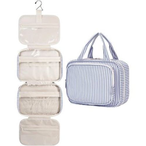 Hanging Toiletry Bag for Travel. Checkered Makeup Organizer with Compartments for Travel-Size Essentials and Cosmetics. C-Greyish Blue Stripe Medium