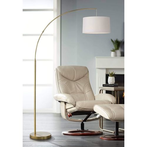 360 Lighting Cora Modern Mid Century Arc Floor Lamp Standing 72" Tall Classic Brass Gold White Linen Drum Shade Decor for Living Room Reading Bedroom Office House Home Decor