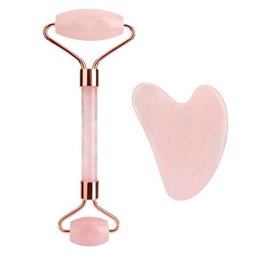 Rose Quartz Jade Roller & Gua Sha Face Body Therapy Massager Stone Set