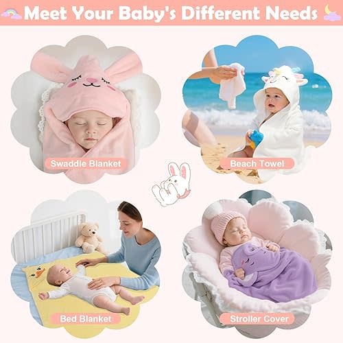 CandyHome 12 PCS Baby Bath Towels for Infants Toddlers, 4 PCS Animal Hooded Baby Towels & 8 PCS Washcloths Set, Ultra Absorbent Soft Cute Newborn Bath Essential Gifts for Boys & Girls