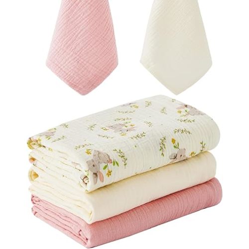 5 Pack Muslin Swaddle Blankets & Baby Burp Cloths, Soft & Breathable Cotton Baby Blankets, Receiving Blankets for Newborn Girl, Nursery Infant Essentials, Swaddling Wrap for Unisex (Pink & White)