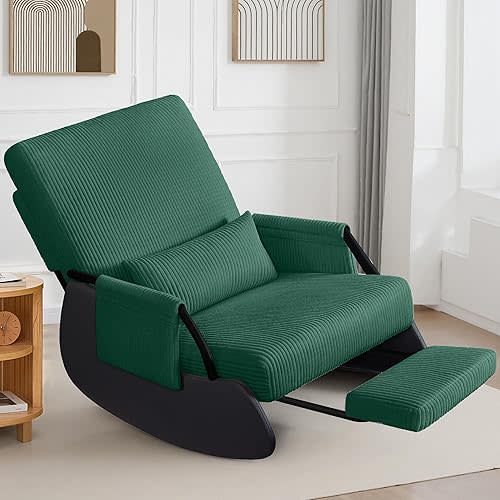 FelixKing Rocking Chair Nursery, Foldable Glider Chair, Upholstered Rocking Chair with Side Pocket and Foot Rest, Comfortable Modern Accent Armchair Recliner for Mom Nursery Living Room Bedroom Green