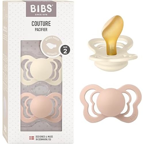 BIBS Couture Baby Pacifier 2-Pack | Made in Denmark | BPA Free Dummy Soother, Anatomical Nipple. Natural Rubber Latex, Size 2 (6-18 Months), Ivory / Blush