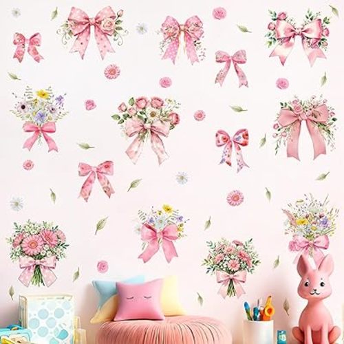 Pink Bows Wall Decor Vinyl Stickers Watercolor Flowers Bow Decorations for Girls Room Wall Decals Peel and Stick Bouquet Spring Floral Window Sticker Coquette Art Decal for Baby Girls Bedroom Nursery