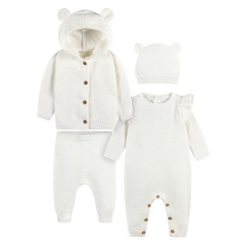 Modern Moments by Gerber Baby Girls Sweater Knit Coverall, Cardigan, & Pant Outfit Set, 4-Piece (Newborn-3/6 Months)