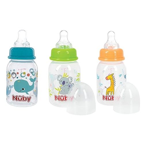 Nuby Printed 4 Ounce Non-Drip Bottle, 3 Pack - Aqua, Orange, Green